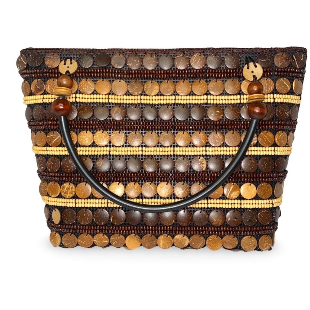 Handcrafted Brown/Cream Coconut Shell/Beaded Top Handle Purse/Handbag Large